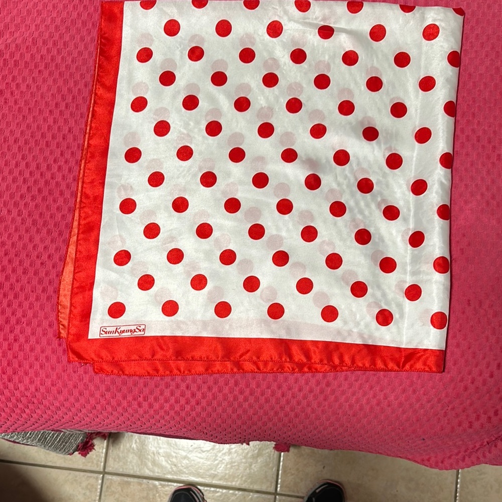 Red and White Polka Dot Scarf with Solid Trim